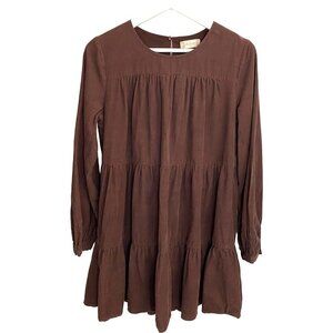 Altar'd State Long Sleeve Tiered Corduroy Mini Dress Brown Academia Boho‎ Size S